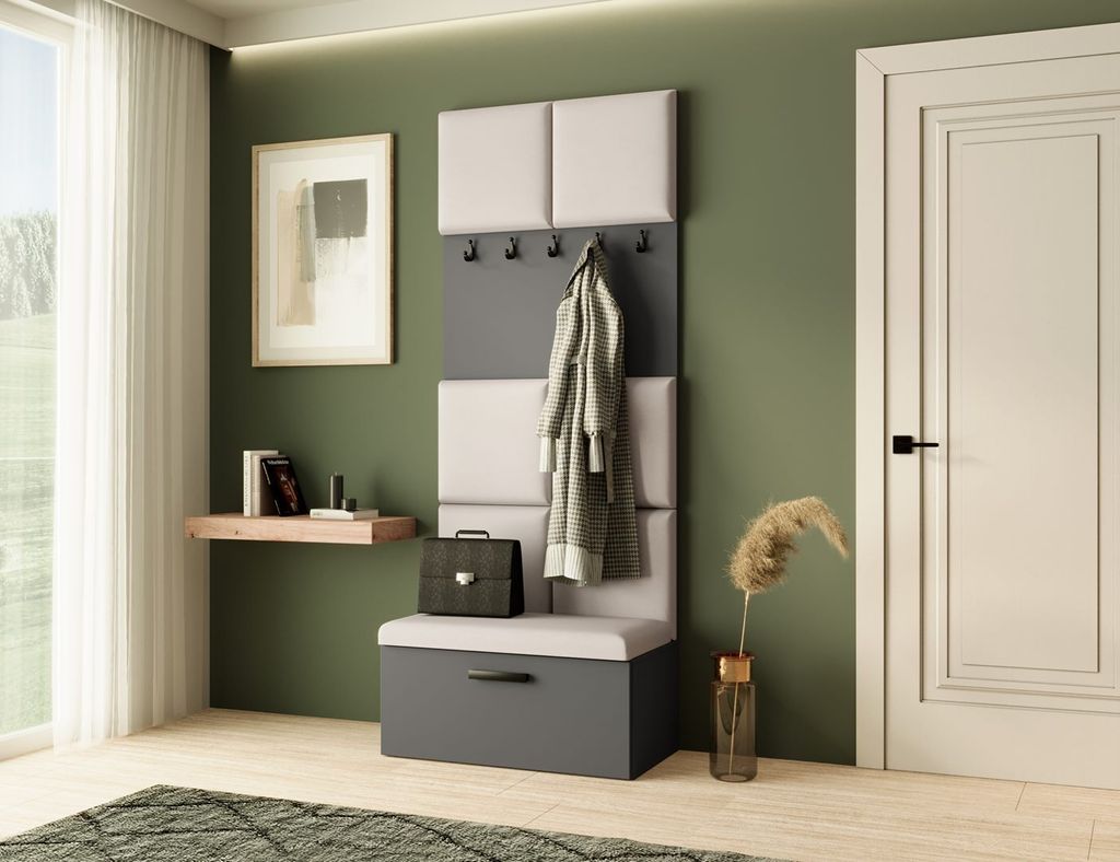 Garderobe MARGARET I , Farbe: Graphit+ Hellbeige , mit gepolsterten Paneelen und Kleiderhaken