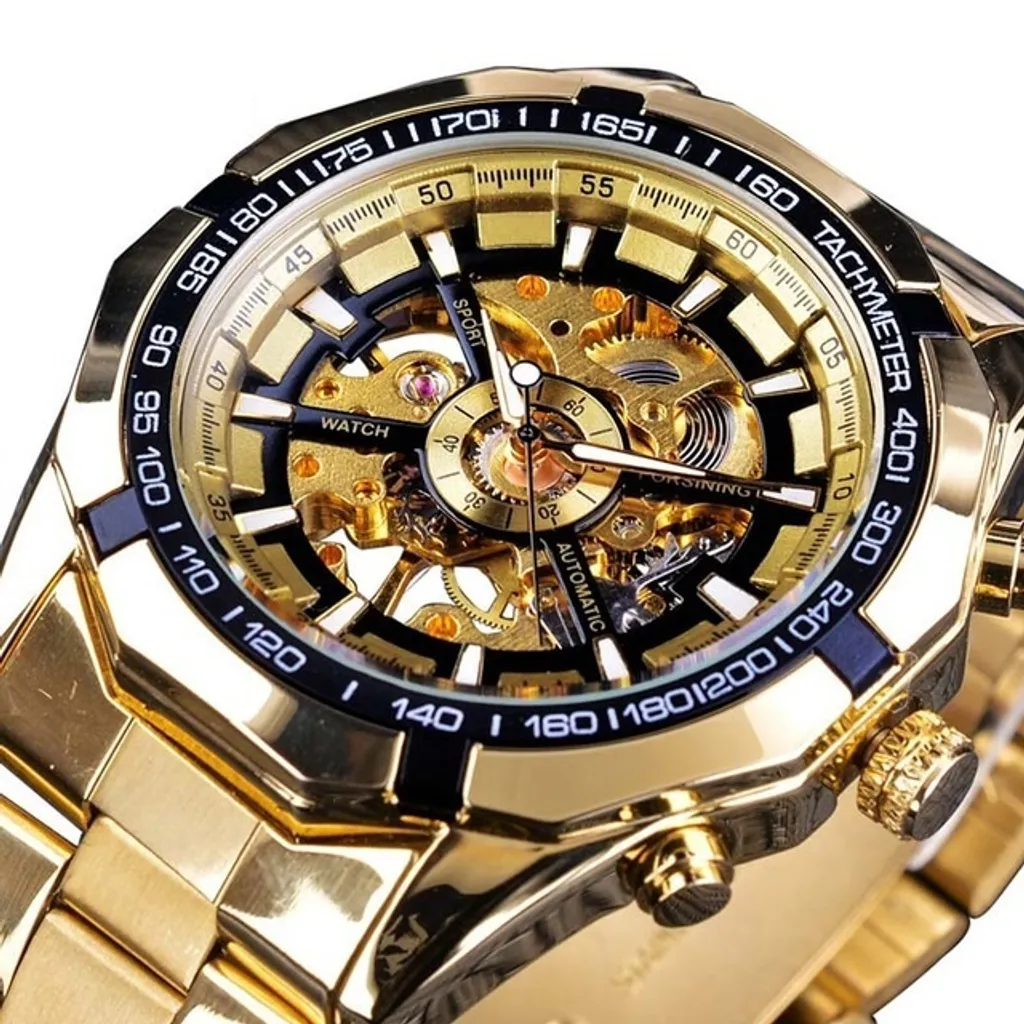 Montre Homme Automatique en Acier Doré - Cadran Transparent Sophistiqué