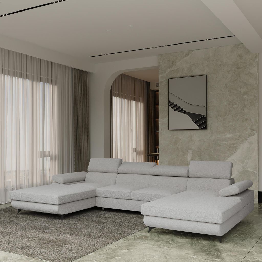 Masseno Ecksofa DETTI mit Schlaffunktion U-Form, Sofa mit Bettkasten, Wohnzimmersofa, Couch, Soffa, Bettsofa, Couchgarnitur- Hellgrau, QUELLE 83