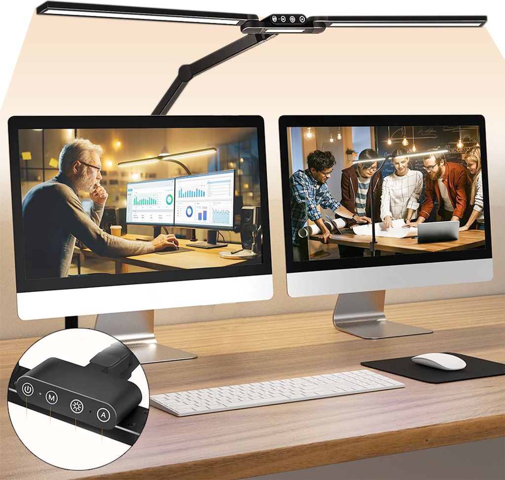 24W Schwarz Schreibtischlampe Doppelkopf Led Monitor Lampe Dimmbar Lichtsensor Klemmbar Desk Lamp Bürolampe Tischlampe Für Büro Schreibtisch