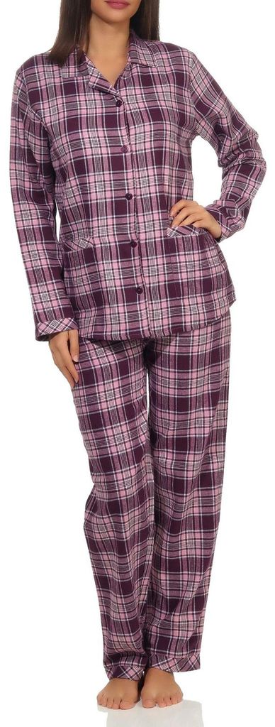 Damen Flanell Pyjama Schlafanzug langarm mit Knopfleiste und Reverskragen - 291 201 15 557 ; beere , 44