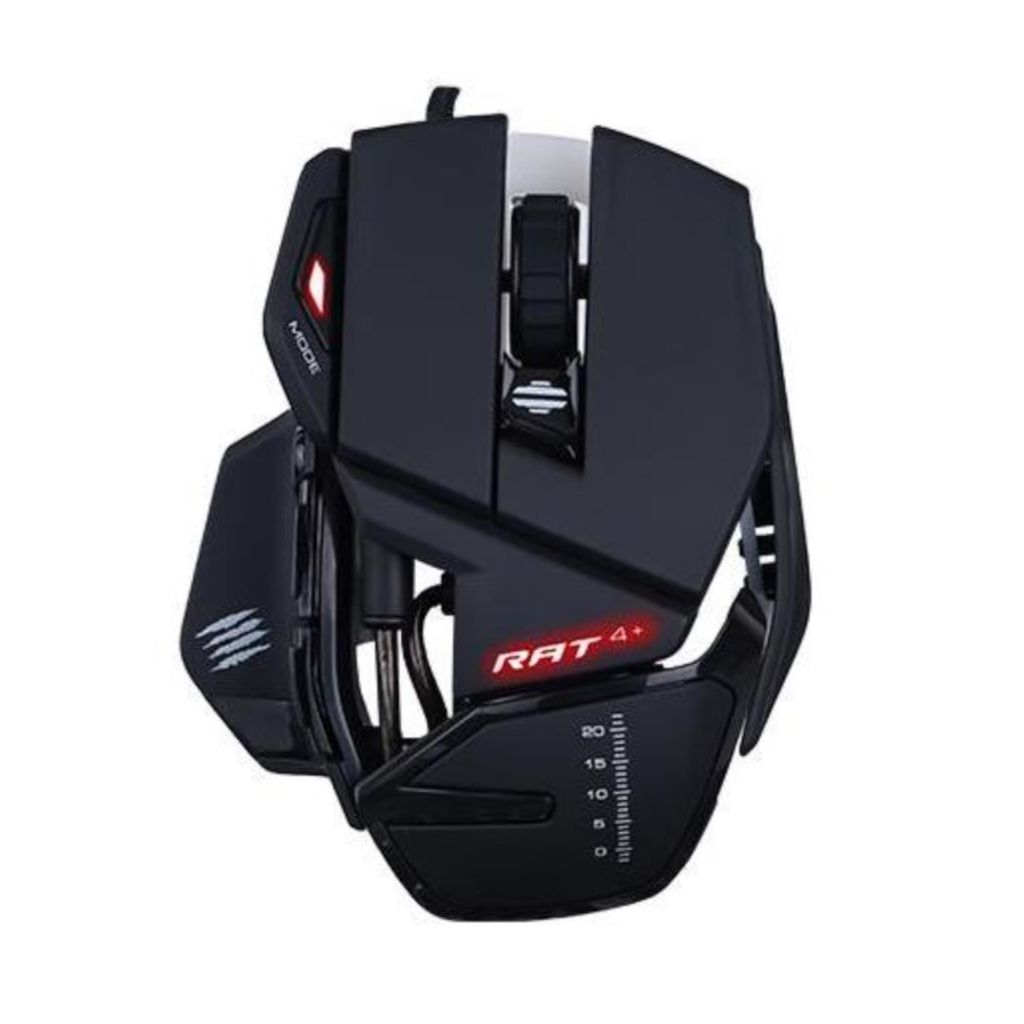 A black gaming mouse with red accents is shown against a white background.
