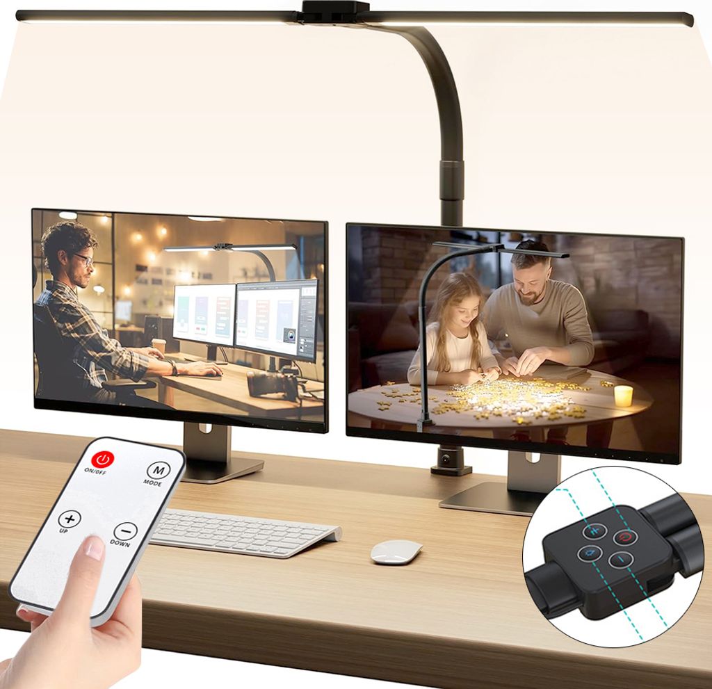 Monitor Lampe LED Schreibtischlampe mit Klemme und Fernbedienung 24W Augenschutz Tischlampe Leselampe Klemmleuchte Buerolampe mit 5 Lichtfarbe und Helligkeit  für Haus, Büro, Lesen, Studie