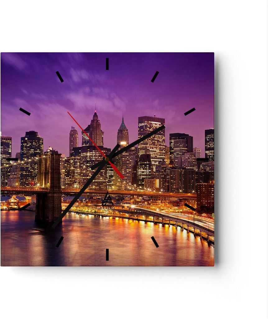 Wanduhr - Quadrat - Glasuhr - New york nacht brooklyn brücke - 30x30cm - Schleichendes Uhrwerk - Lautlos - zum Aufhängen bereit - Dekoration Mode...