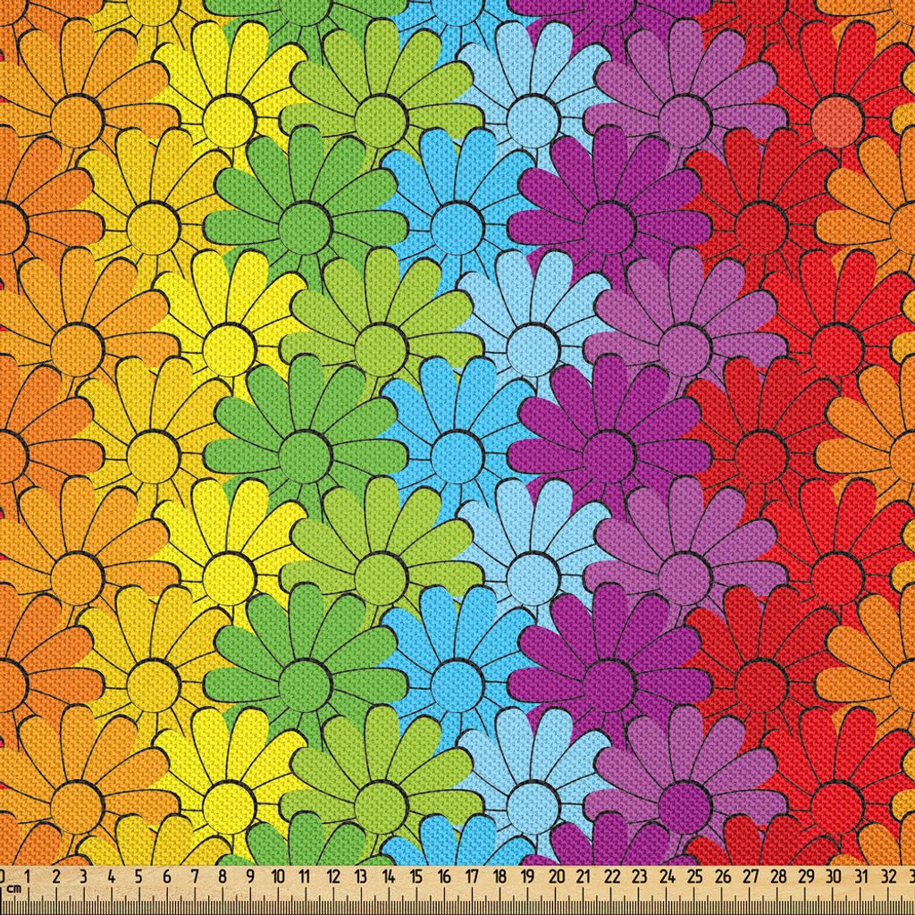 ABAKUHAUS Blumen Satin Stoff als Meterware, Vibrierende Blumen in den Regenbogen-Farben Striped wiederholendes Muster-Energie-Zusammensetzung, 10 M...