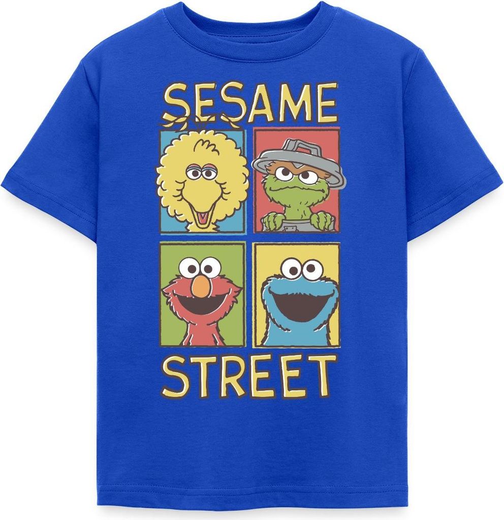 Spreadshirt Sesamstraße Bibo, Oscar, Elmo, Krümelmonster Kinder T-Shirt, 98/104 (3-4 Jahre), Royalblau