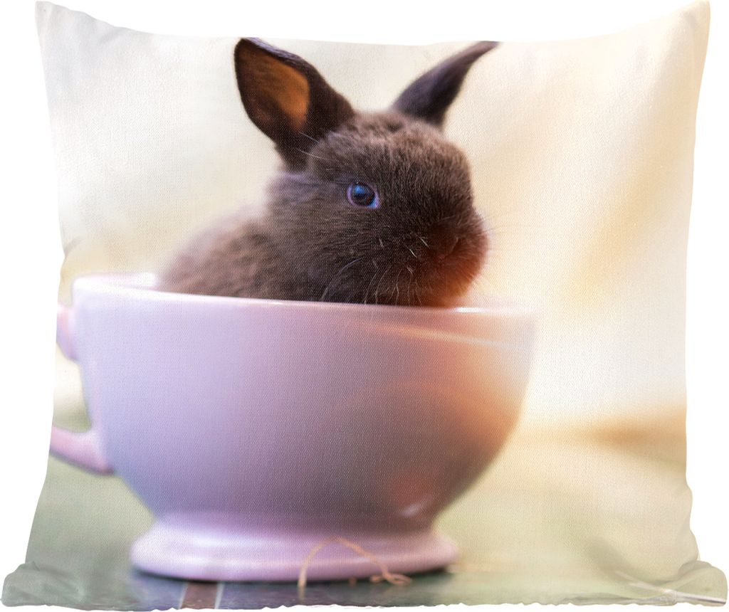 MuchoWow Zierkissen Sofakissen Wohnzimmer Dekokissen 40x40 cm Kaninchen - Baby - Teetasse - Foto Kissen - Schlafzimmer Dekoration