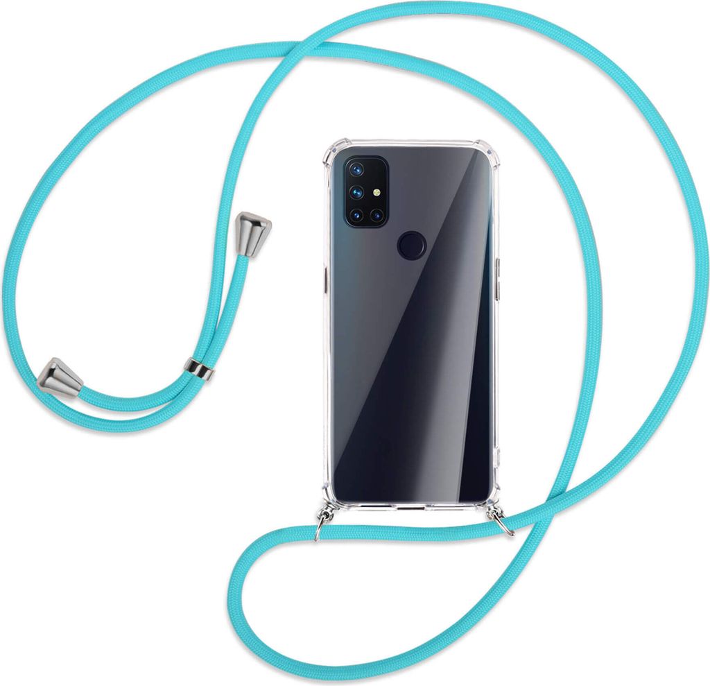 Handykette Backcover-Schutzhülle mit Band (Metall silberfarben) für OnePlus Nord N100 - türkis