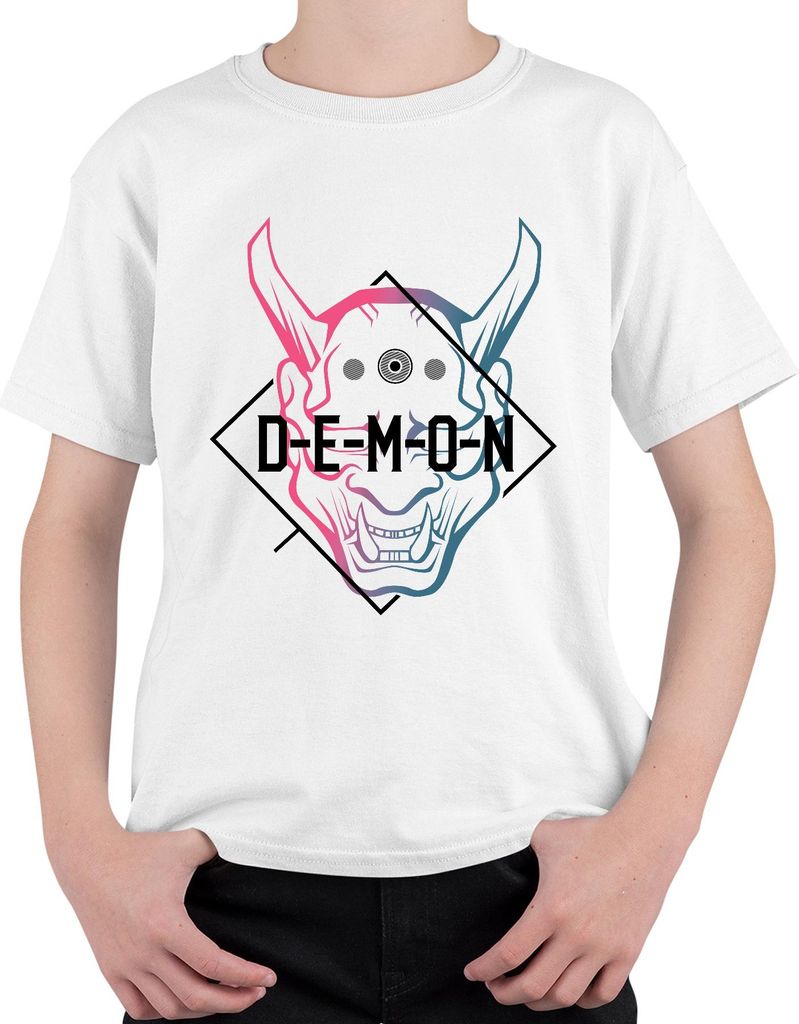 DEMON Oni Maske Halloween Anime Manga Gaming Vaporwave Streetwear Uni Kinder T-Shirt, Weiß, 104