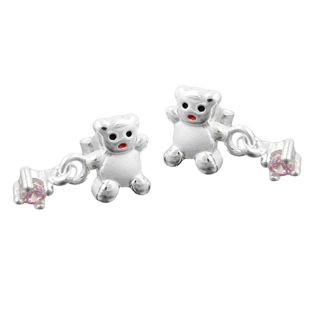 Ohrstecker Ohrring 8x15mm Kinderohrring Bär mit Zirkonia pink matt-glänzend Silber 925 silber 8x15mm