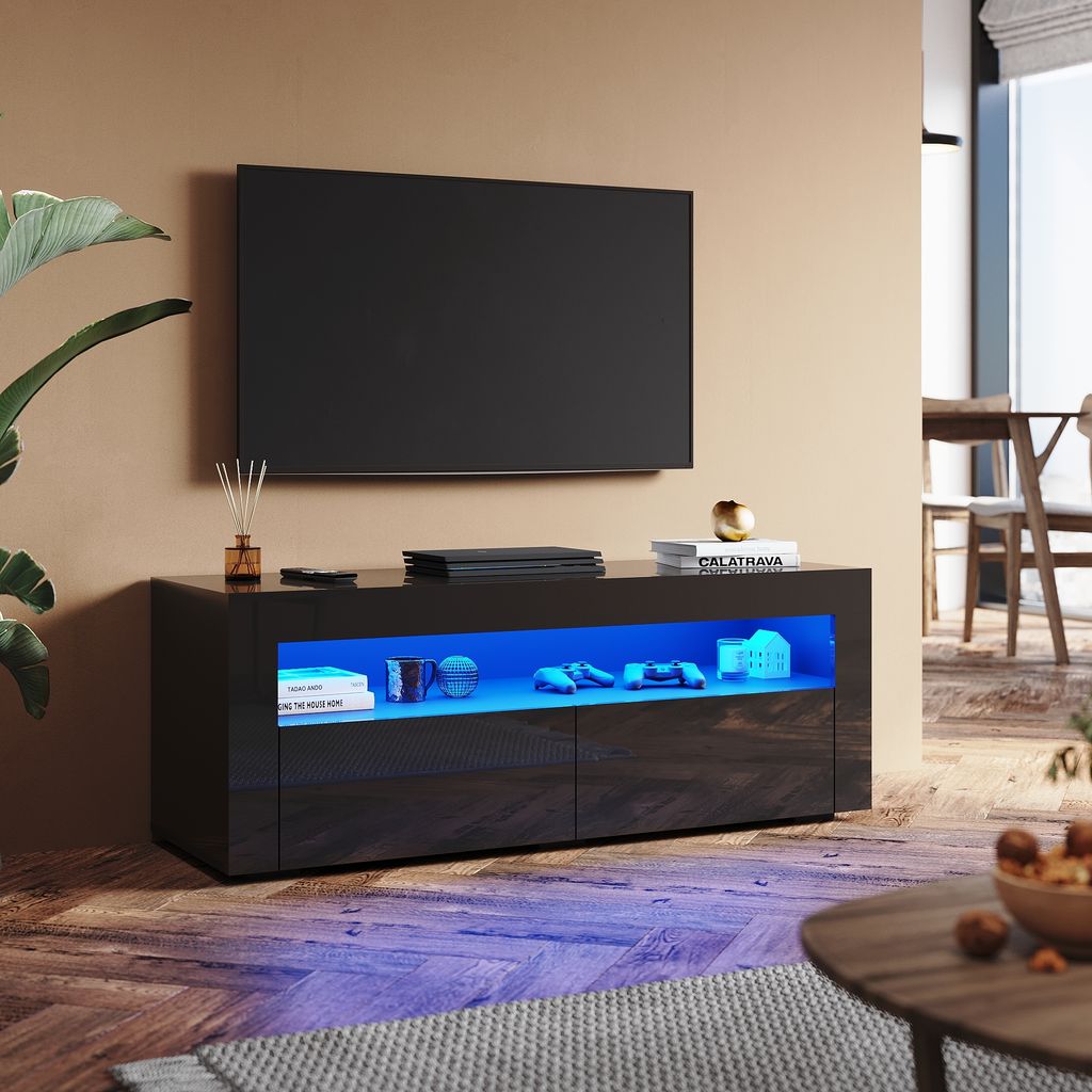 SONNI Lowboard TV-Schränke Schwarz Hochglanz mit LED Beleuchtung, 12-LED-Farben, mit 2 Klapptür, Griffloses Design 120 x 40 x 45cm