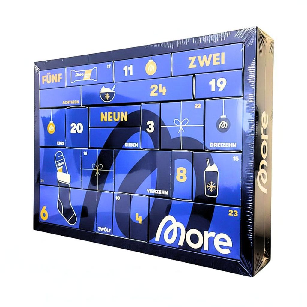 A blue advent calendar with numbered doors and festive graphics, presented on a white background.