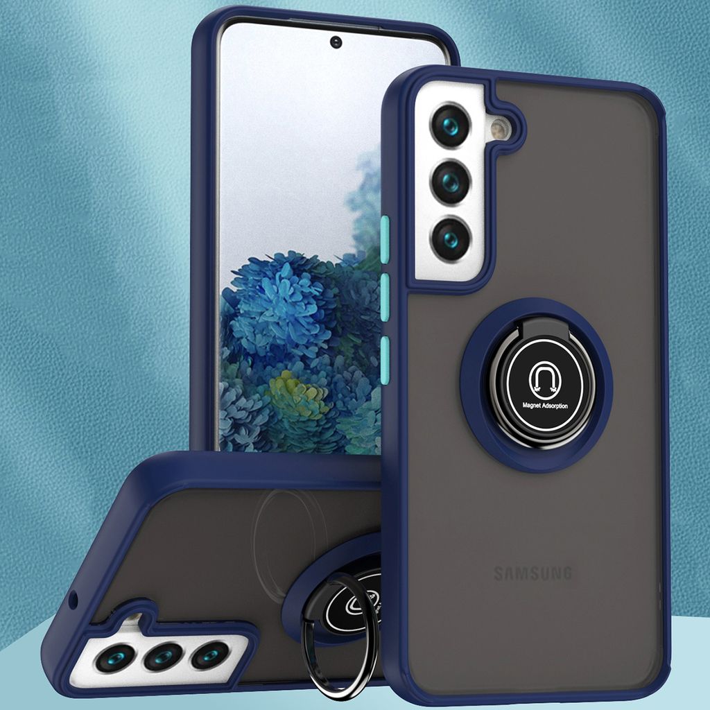 Samsung S22 5G Hülle, Ring Halter Ständer Matte Transluzent TPU Rahmen Stoßfest Schutzhülle für Samsung Galaxy S22 5G Blau