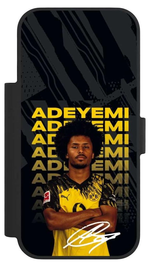 NIVOCASE Klapphülle für Apple iPhone 17 Pro Handyhülle aus Kunst Leder NIVOflip schwarz BVB Borussia Dortmund Karim Adeyemi
