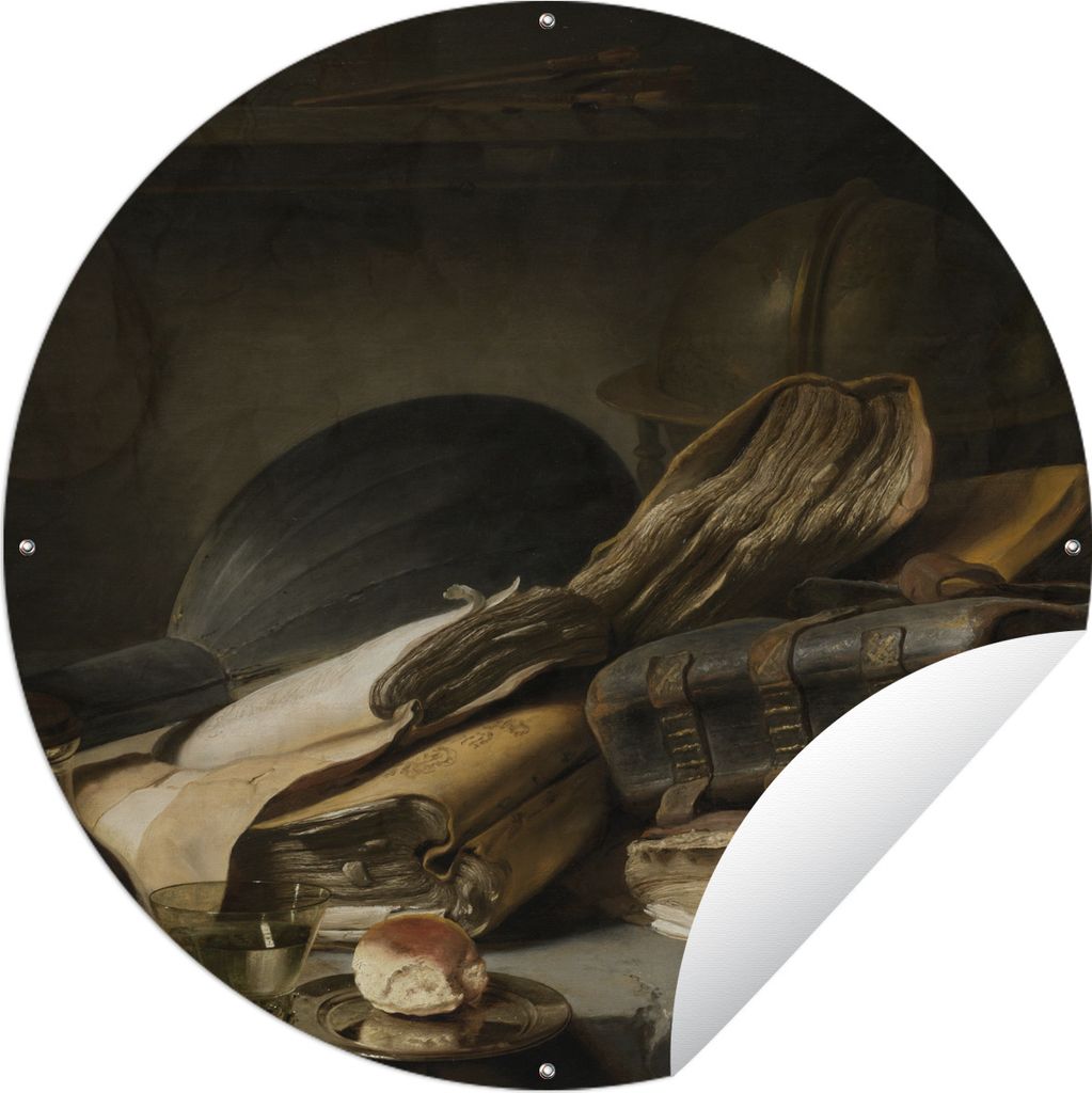 MuchoWow Gartenposter Outdoor-Poster Rund Stilleben mit Büchern - Gemälde des Altmeisters Jan Lievens Ø 150 cm Gartendeko Rundes Poster draußen