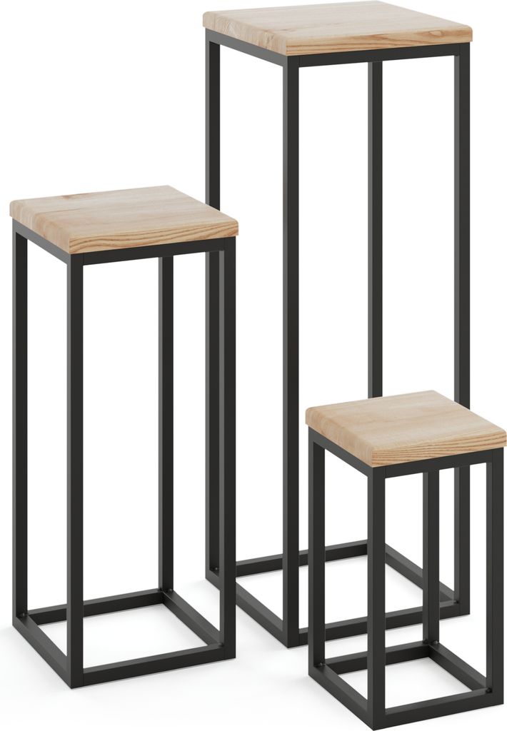 LAMO Manufaktur Pflanzenständer Set - 3 Stücke 30/50/70 cm | Blumenständer Metall Schwarz | Blumenhocker Holz mit Natur Farbe | 100% Echtholz | ...