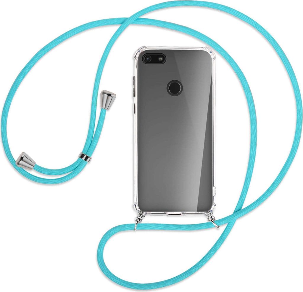 Handykette Backcover-Schutzhülle mit Band (Metall silberfarben) für Motorola Moto E6 Play - türkis