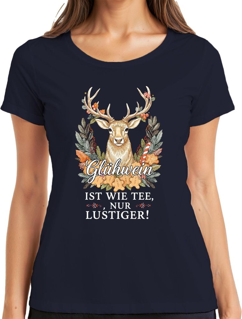 Glühwein ist wie Tee nur viel lustiger Weihnachten Retro Hirsch Damen T-Shirt, Navy, 3XL