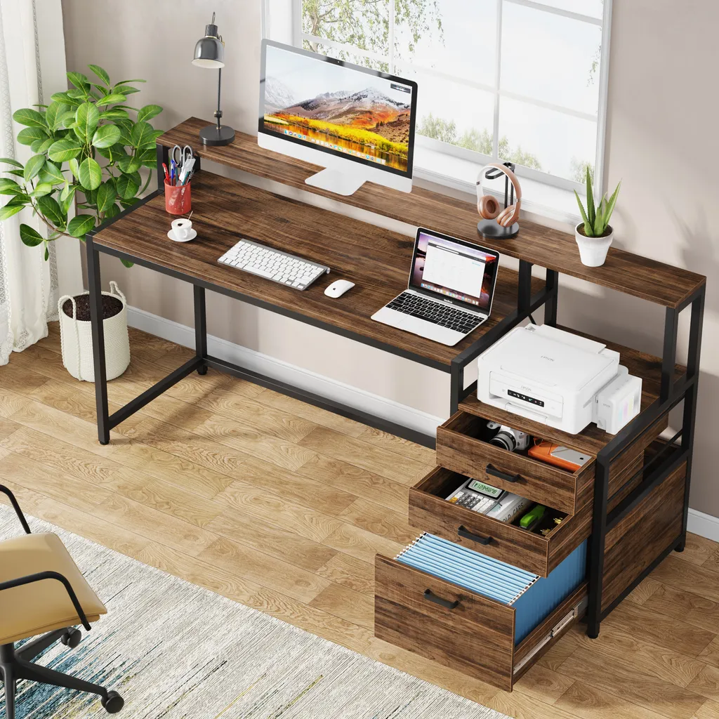 Grand Bureau d'Ordinateur Industriel de 160 cm avec Support Écran Élevé - 7