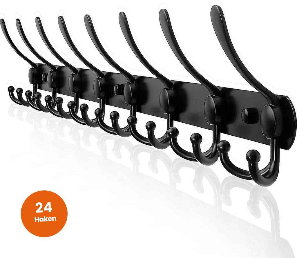 A black coat rack with multiple hooks mounted on a black plaque, shown against a white background.
