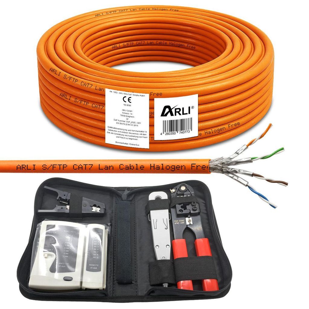 ARLI Cat7 50 m Verlegekabel + Netzwerk Werkzeugset mit Crimpzange LSA Tester Abisolierer für Netzwerkinstallation