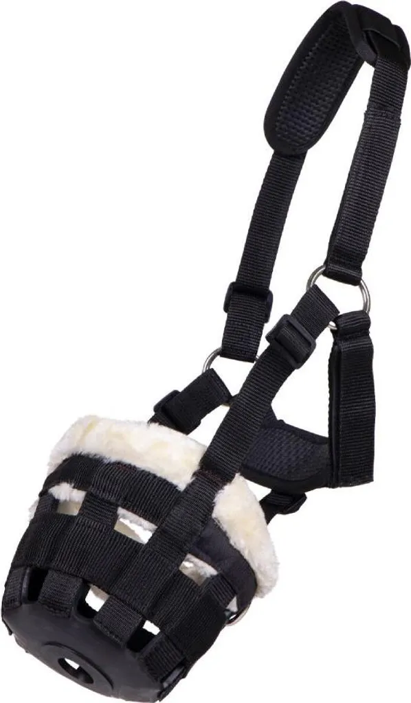 QHP Maschera da pascolo con pelliccia, Colore:Nero, Taglia:Shetty