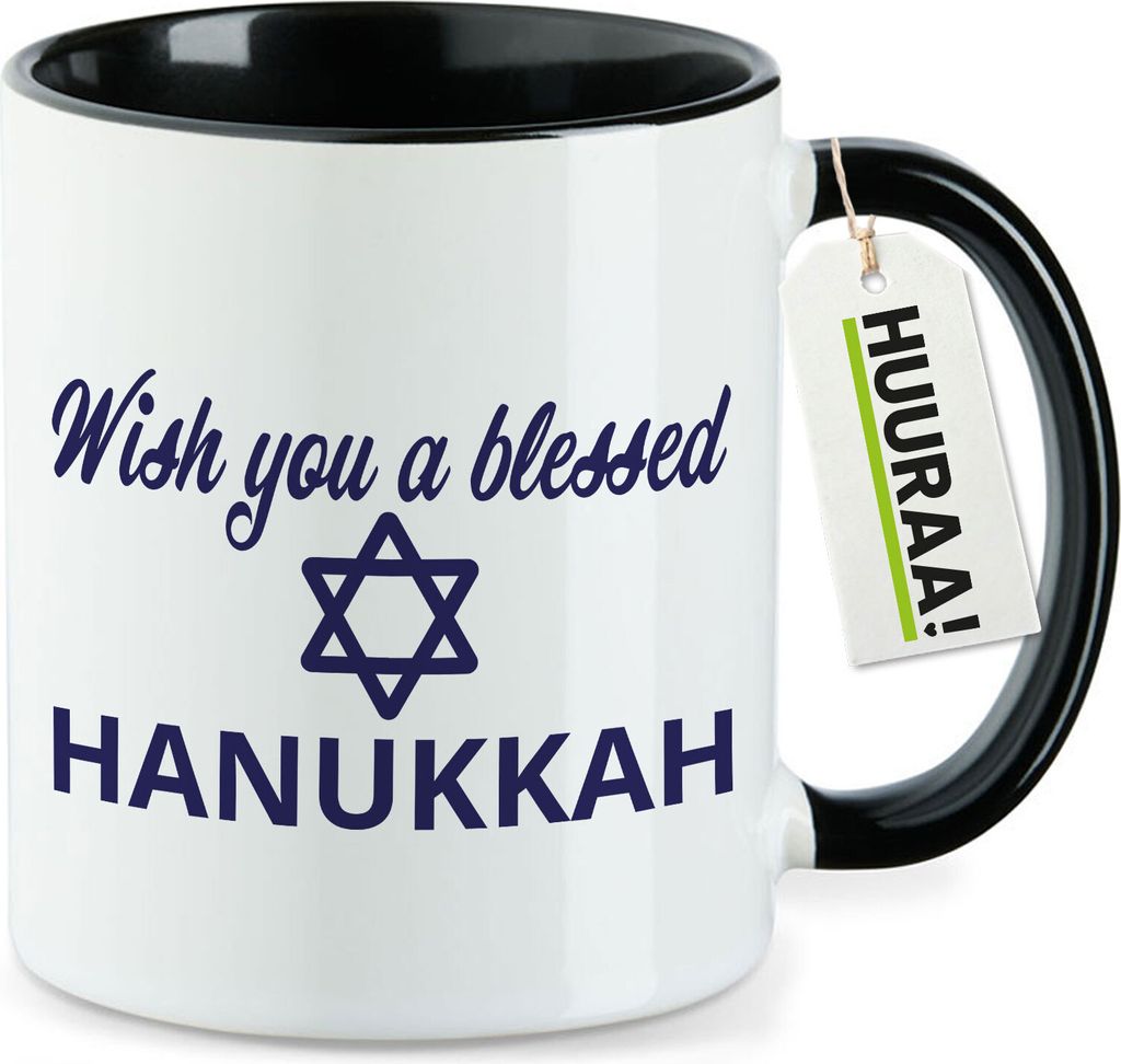 Huuraa Kaffeetasse Wish blessed Hanukka Schriftzug 330ml Schwarz Keramik Kaffeebecher Geschenkidee