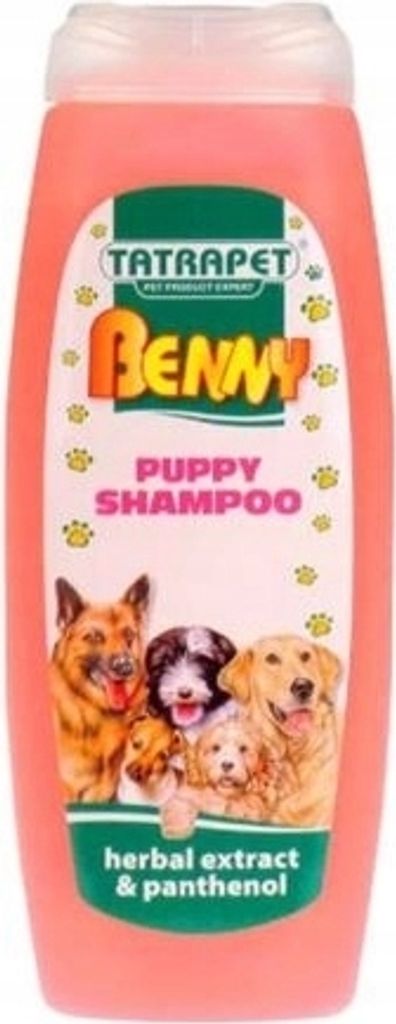 A bottle of Benny puppy shampoo with images of puppies on the label.