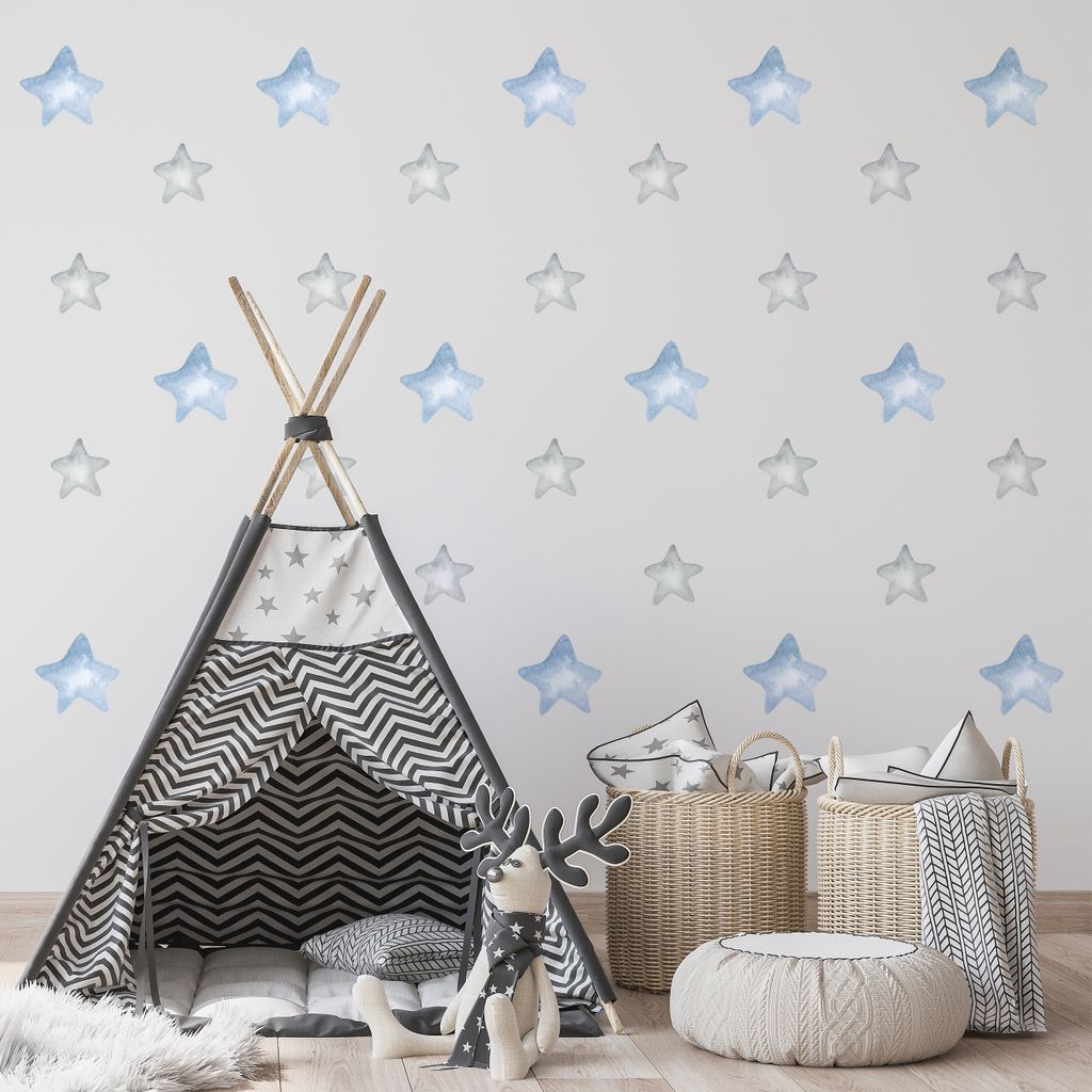 Muralo Wandtattoo Wandsticker für Kinderzimmer BLAUE STERNE Wanddeko Aufkleber Br. 60cm x Hö. 30cm
