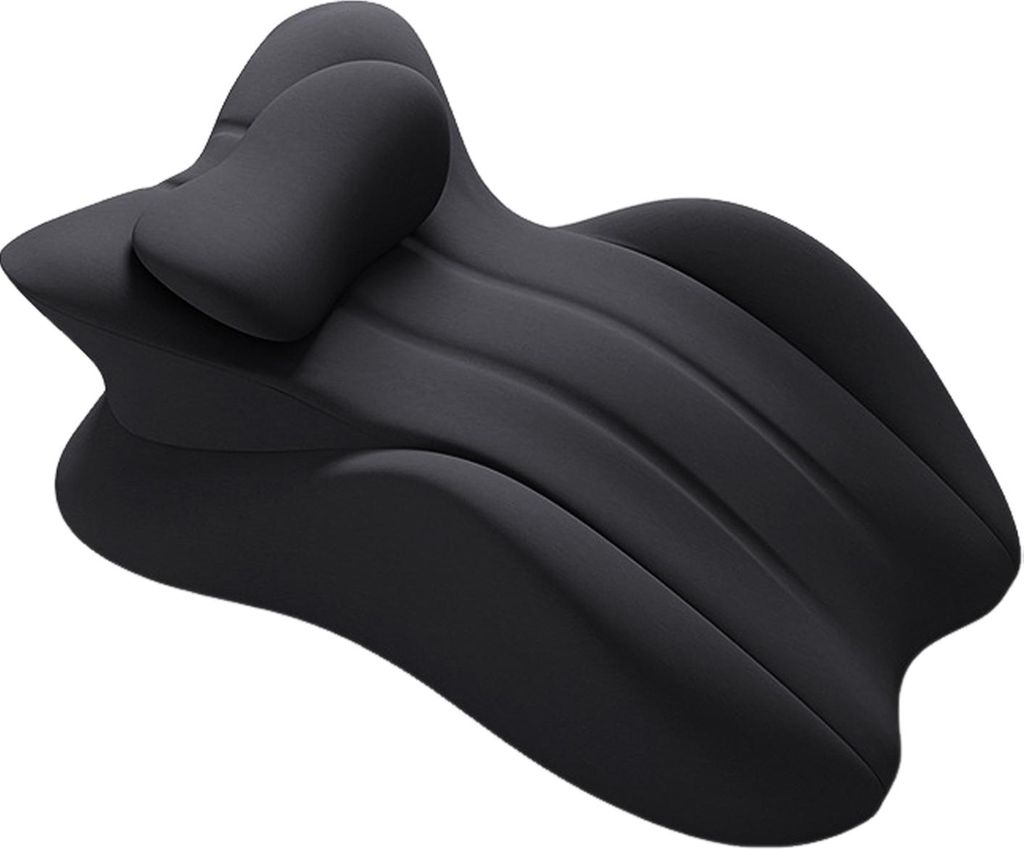 A black wedge-shaped pillow with a headrest, isolated on a white background.