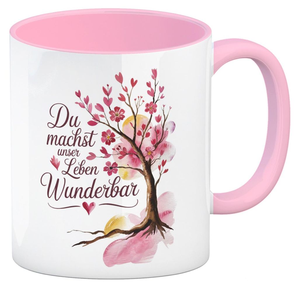 Du machst unser Leben wunderbar Kaffeebecher in rosa Baum mit Blumen