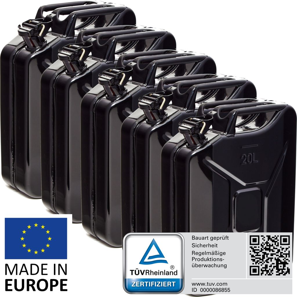 BW Kraftstoffkanister Metall Benzinkanister 5x 20 Liter - Schwarz RAL 9005 - UN-Zulassung - Hergestellt in Europa