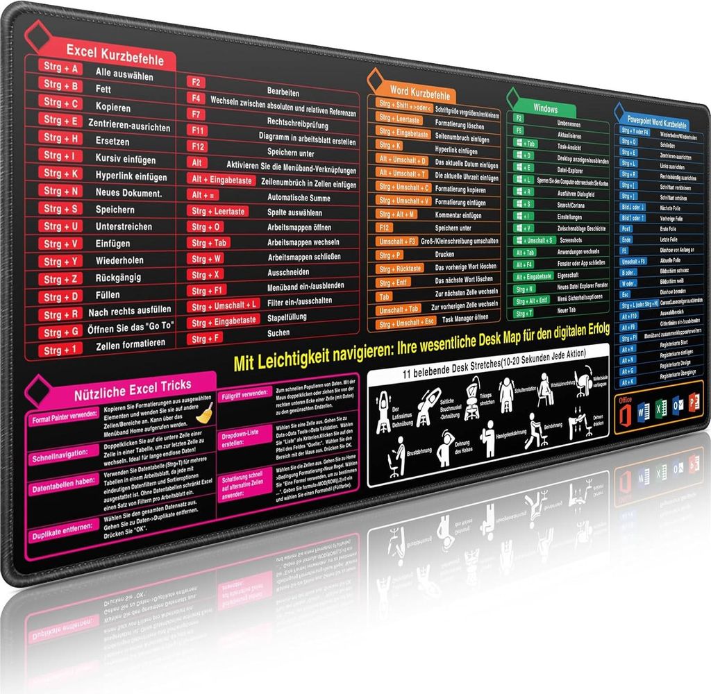 MODFU Mauspads Büro & Gaming, Mauspad mit Excel Shortcuts, Multifunktionales Mousepad, rutschfest, für Office & Gaming PC, 400*900*2mm