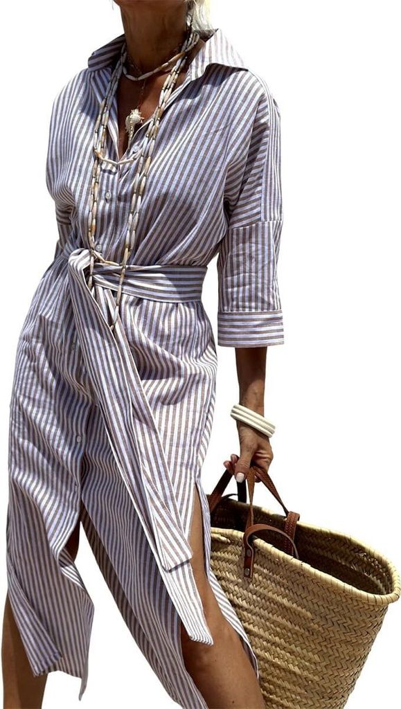 ASKSA Damen Sommer Vintage Button Down Hemdkleider Mit Langen aermeln Mode Gestreift Lose Taille Krawatte Freizeitkleider (Braun,3XL)