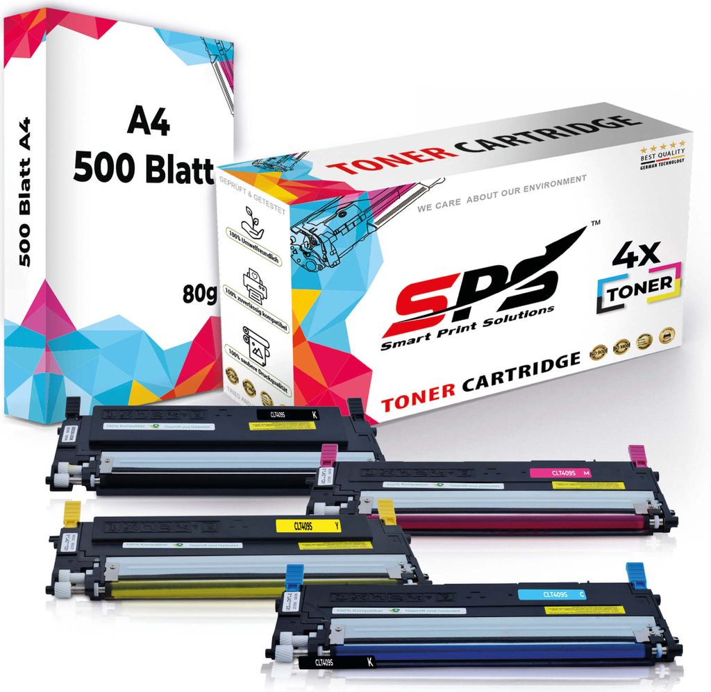 Druckerpapier A4 + 4x Multipack Set Kompatibel für Samsung CLP 315 K (CLT-C409S, CLT-M409S, CLT-Y409S, CLT-K409S) Toner