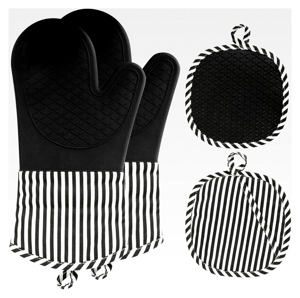 Ofenhandschuhe und Topflappen Set, Silikon bis 230°C, Zwei Handschuhe und Zwei Topflappen, Hitzebeständige Topfhandschuhe für Kochen und Backen