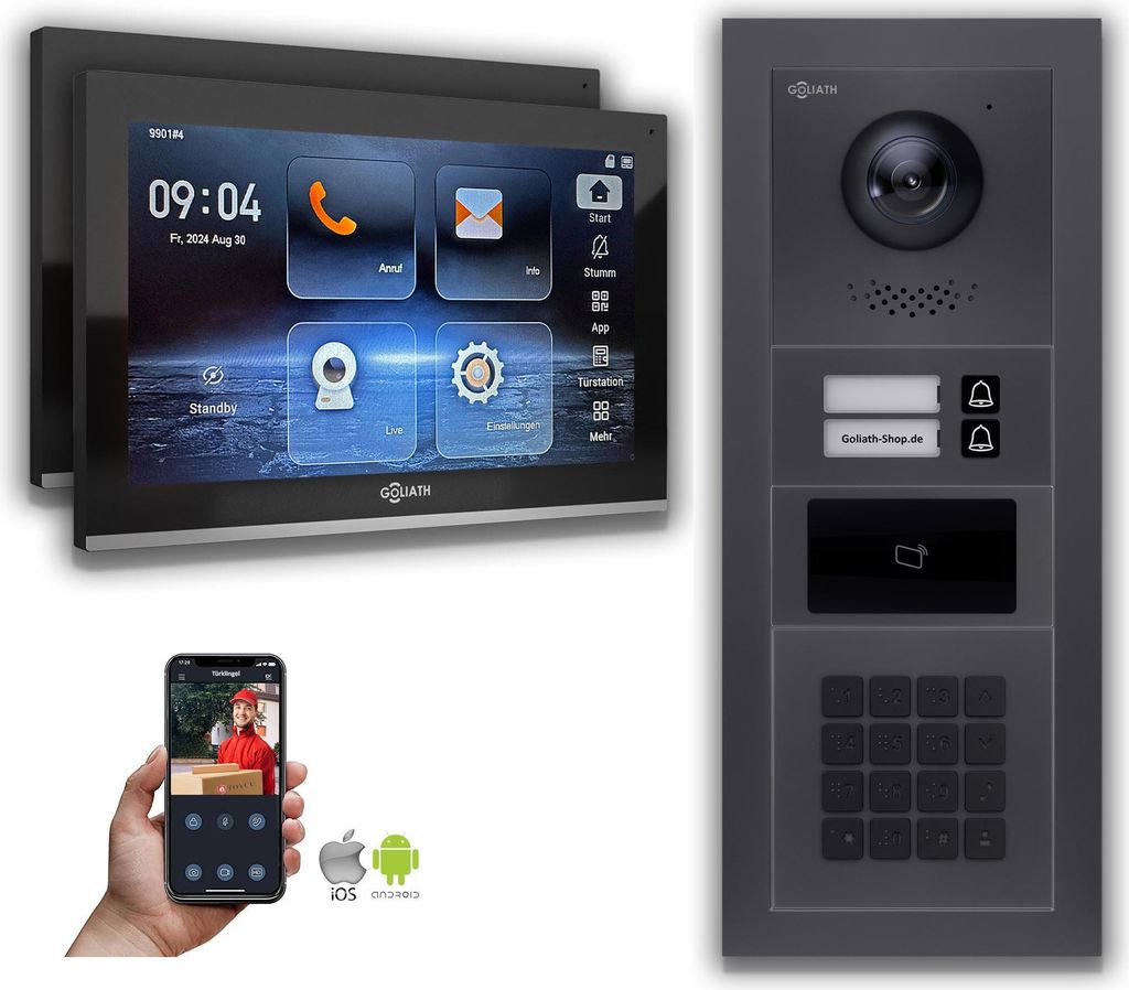 Goliath IP Video Türsprechanlage: 10-Zoll 2 Familienhaus, RFID, Zahlencode, Anthrazit : 10 Zoll Schwarz : 4er POE : Aufputz Dose Anschluss: 4er PO...
