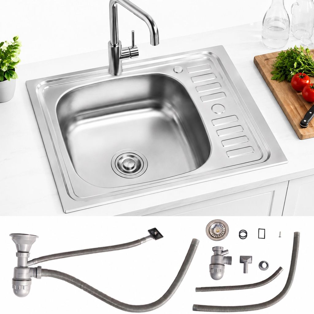 lavello da incasso in acciaio inox 58CM, angolare + ripiano Immagine del prodotto 