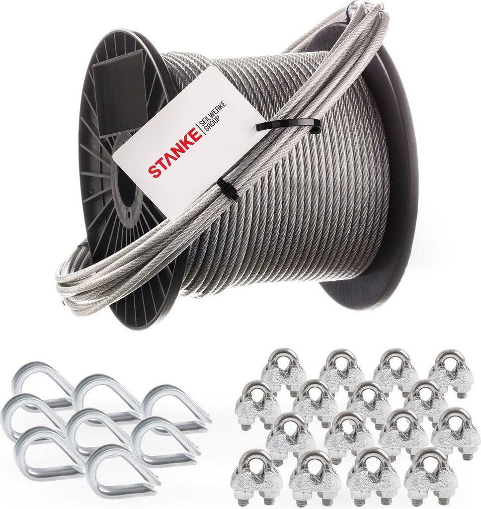 Seilwerk STANKE Rankhilfe PVC Edelstahldrahtseil ummantelt 200m V4A Edelstahlseil 2mm 7x7, 8x Kausche V4A, 16x Bügelformklemme V4A - SET 3