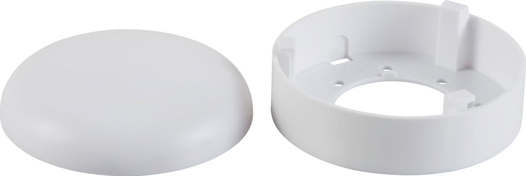 A white plastic dome cover and a white plastic base are shown side-by-side against a white background.