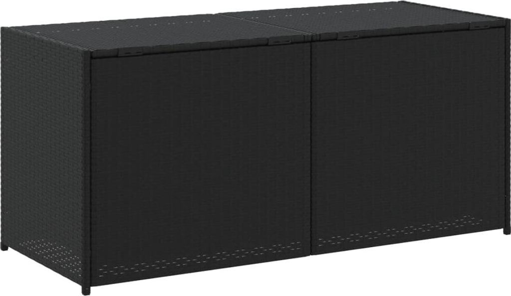 A black poly rattan storage box with two lids.