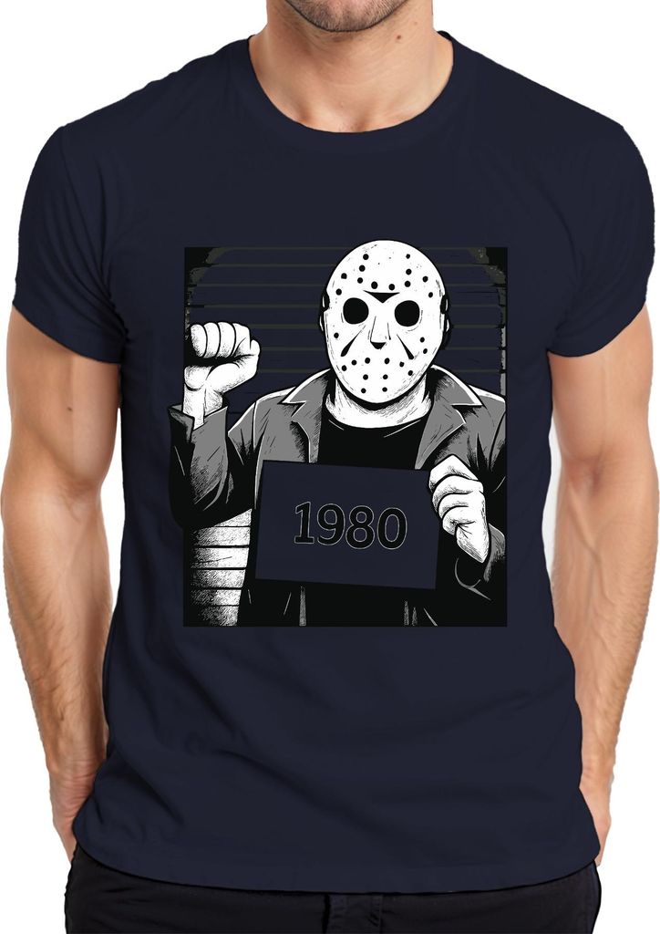Horror Hockeymaske 1980 Slasher Polizeifoto Retro Vintage Grunge Herren T-Shirt, Navy, 3XL