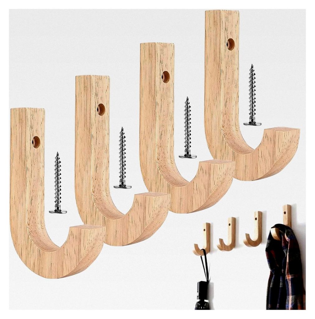 4 Stück Wandhaken aus Holz, 12,5 x 8 x 2 cm, Garderobenhaken aus Holz, inklusive Schrauben und Dübel, Naturholzoptik, Holzwandhaken für Wohnzimm...