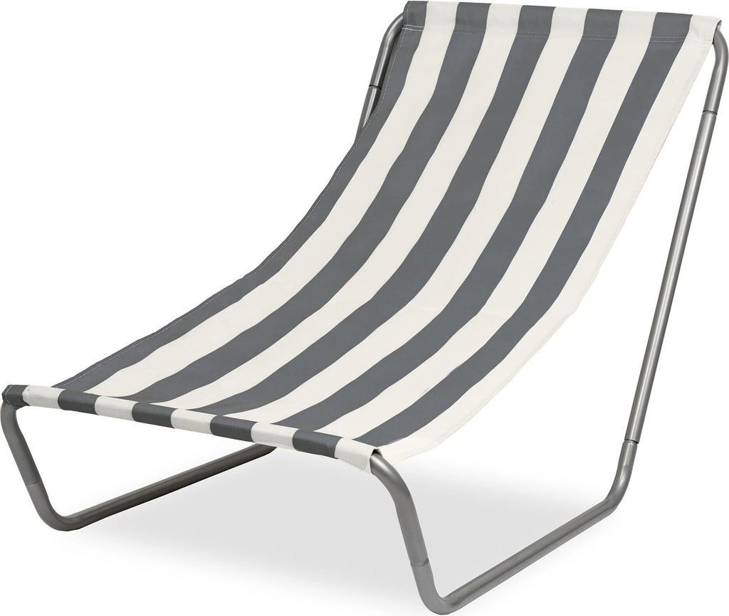 A striped beach chair on a white background.