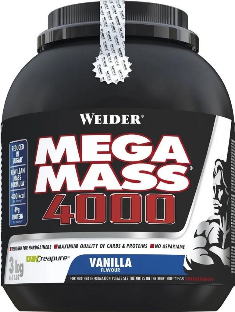 A black plastic tub of Weider Mega Mass 4000 protein powder with a vanilla flavor.
