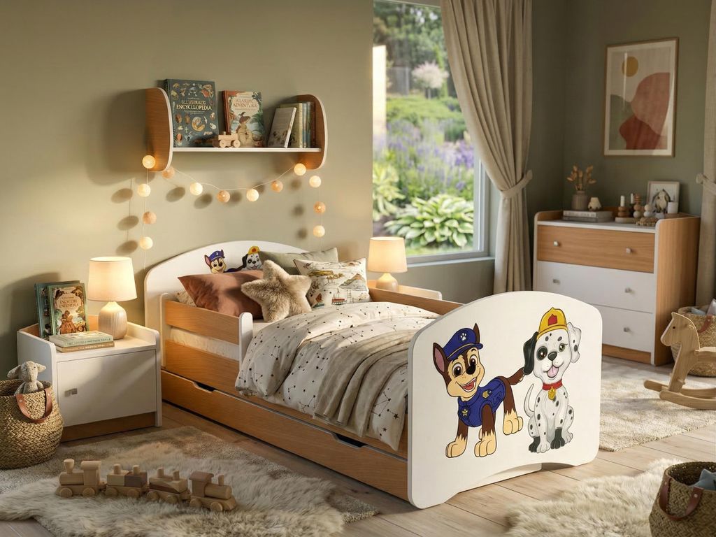 Happy Babies Kinderbett mit Rausfallschutz Junge 140x70 Bett für Kinderzimmer mit Schublade Matratze Einzelbett für Kinder Blau Hundemotiv