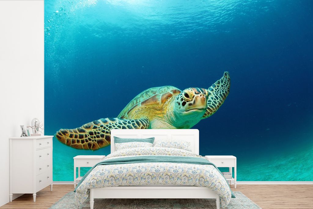 MuchoWow Fototapete für Wohnzimmer oder Schlafzimmer Wandtapete Vinyl Motivtapete Nahaufnahme einer Grünen Meeresschildkröte - 420x280 cm - Zi...