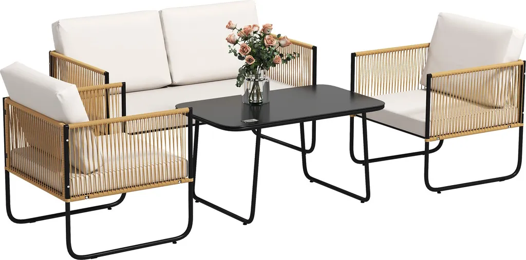 Mobilier de jardin 4 personnes crème en résine avec fauteuils et table
