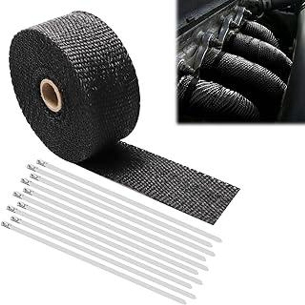 Schwarzes Auspuffband, Auspuff-Hitzeschutzband, Basaltfaser-Isolierband, Hitzebeständiger Auspuffverband, Mit 10 Kabelbindern, Geeignet für Motor...
