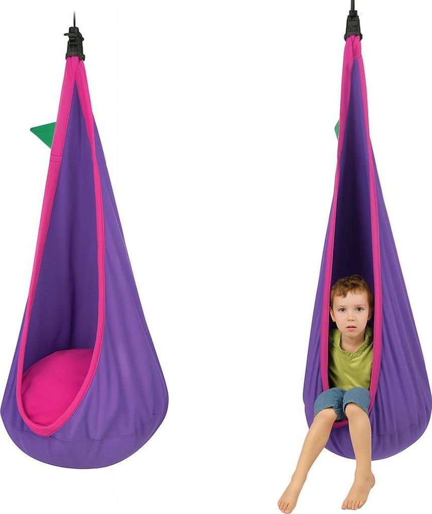 A collage of two images showing a purple and pink hanging chair, one empty and one with a child sitting inside.